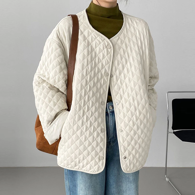 

Women Casual Quilted Coats New Arrival 2025 Autumn Korean Style O-neck Solid Color Loose Female Long Sleeve Basics Jackets T813