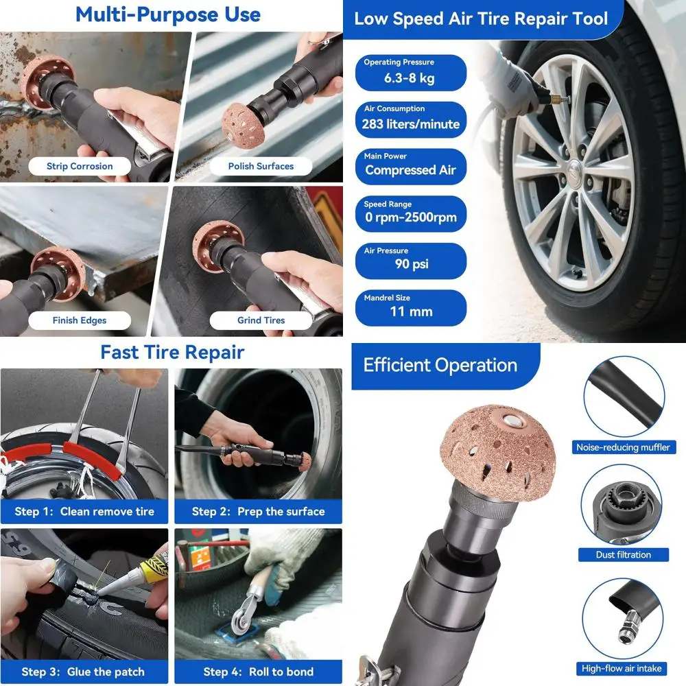 

Набор инструментов для ремонта воздушных шин для тяжелых условий эксплуатации — в комплект входит низкоскоростной буфер для воздушных шин 2500 об/мин, скребок для внутренней подкладки шин, Pa