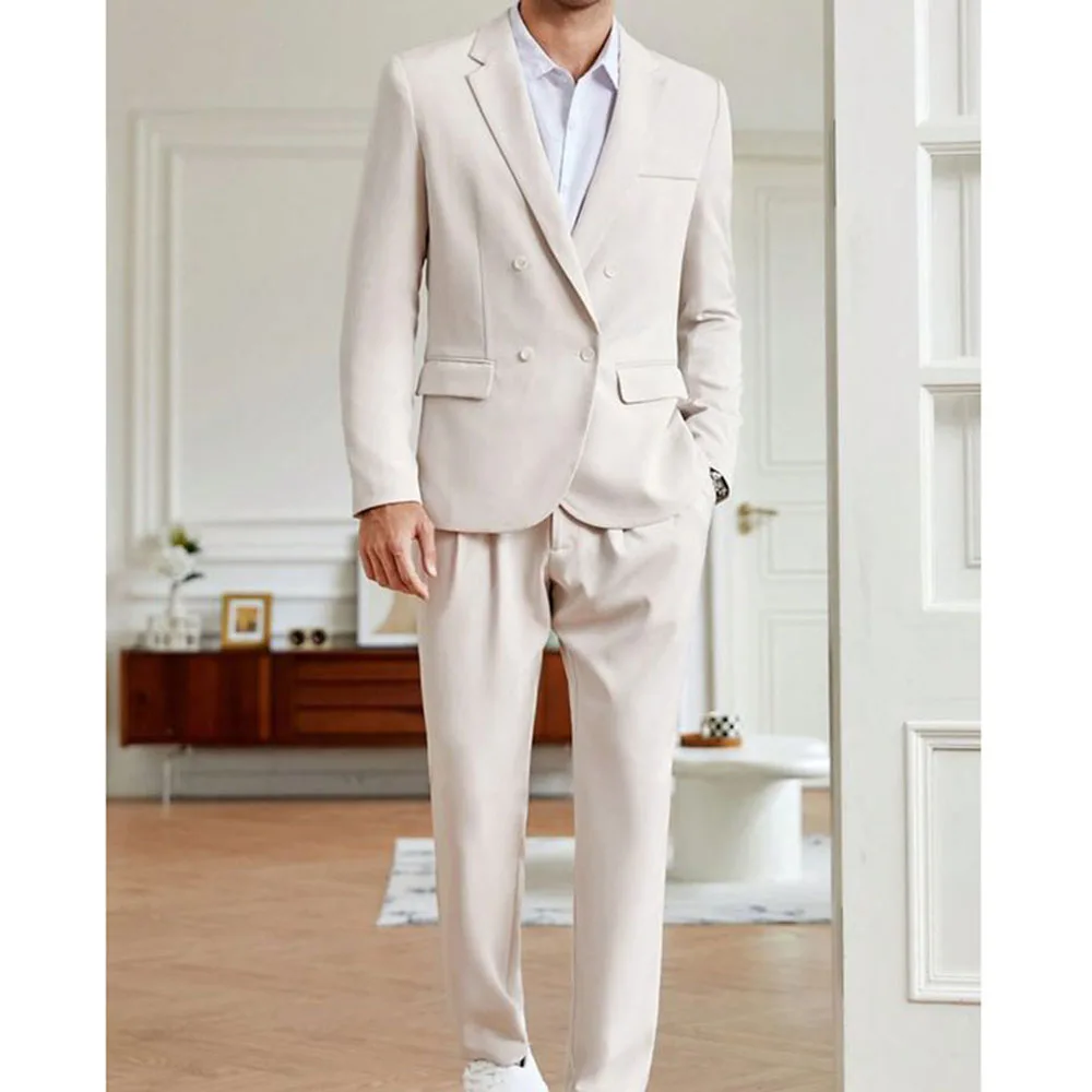 

Handsome White Suits for Men Double Breasted 2 Pieces Jacket Pants Blazers Sets Smart Banquet Wedding Business Costume Homme