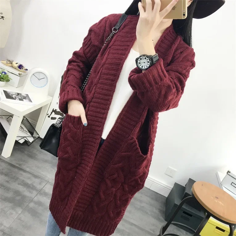 2024 New Loose Simple V-neck Knitting Fried Dough Twists Versatile Fashion Cardigan Middle Long Sweater Coat