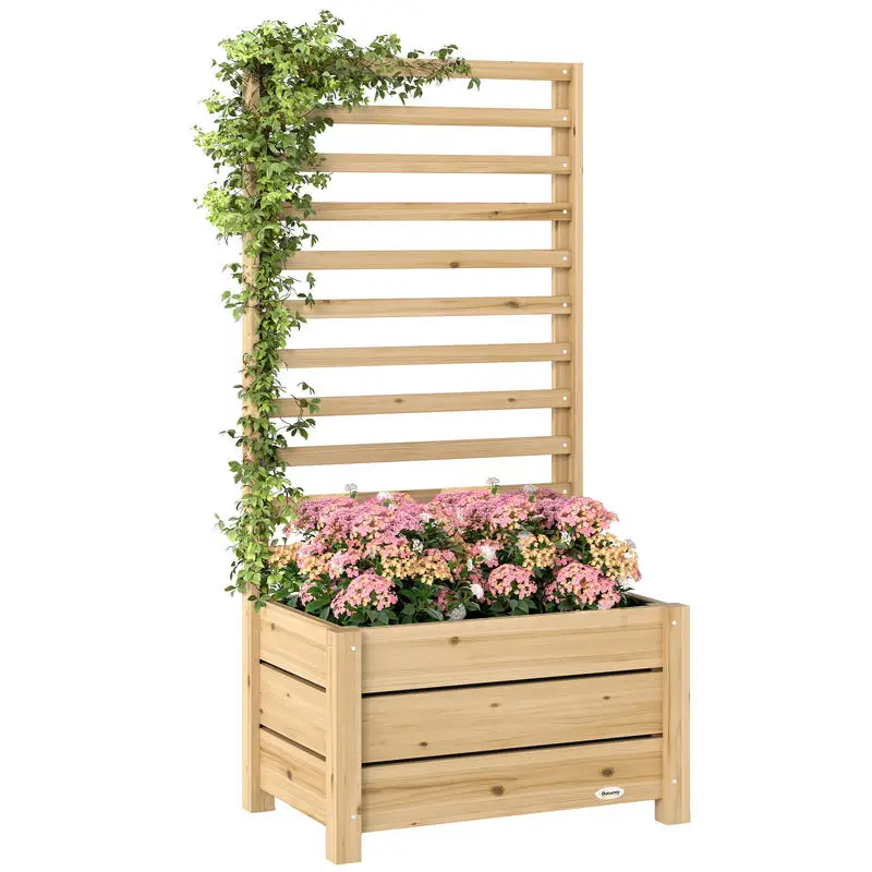 Jardinière avec treillis, bac à fleurs avec vue sur la brise, trou de drainage et double intérieur, 60 x 39 x 120 cm, bois naturel