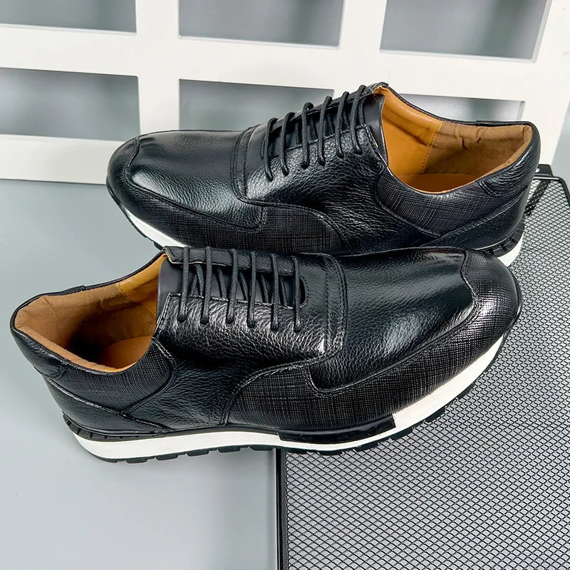 European Luxury Men's Casual Shoes Genuine Leather Solid Black Lace-up Sneakers Male Daily Oxfords Footwear