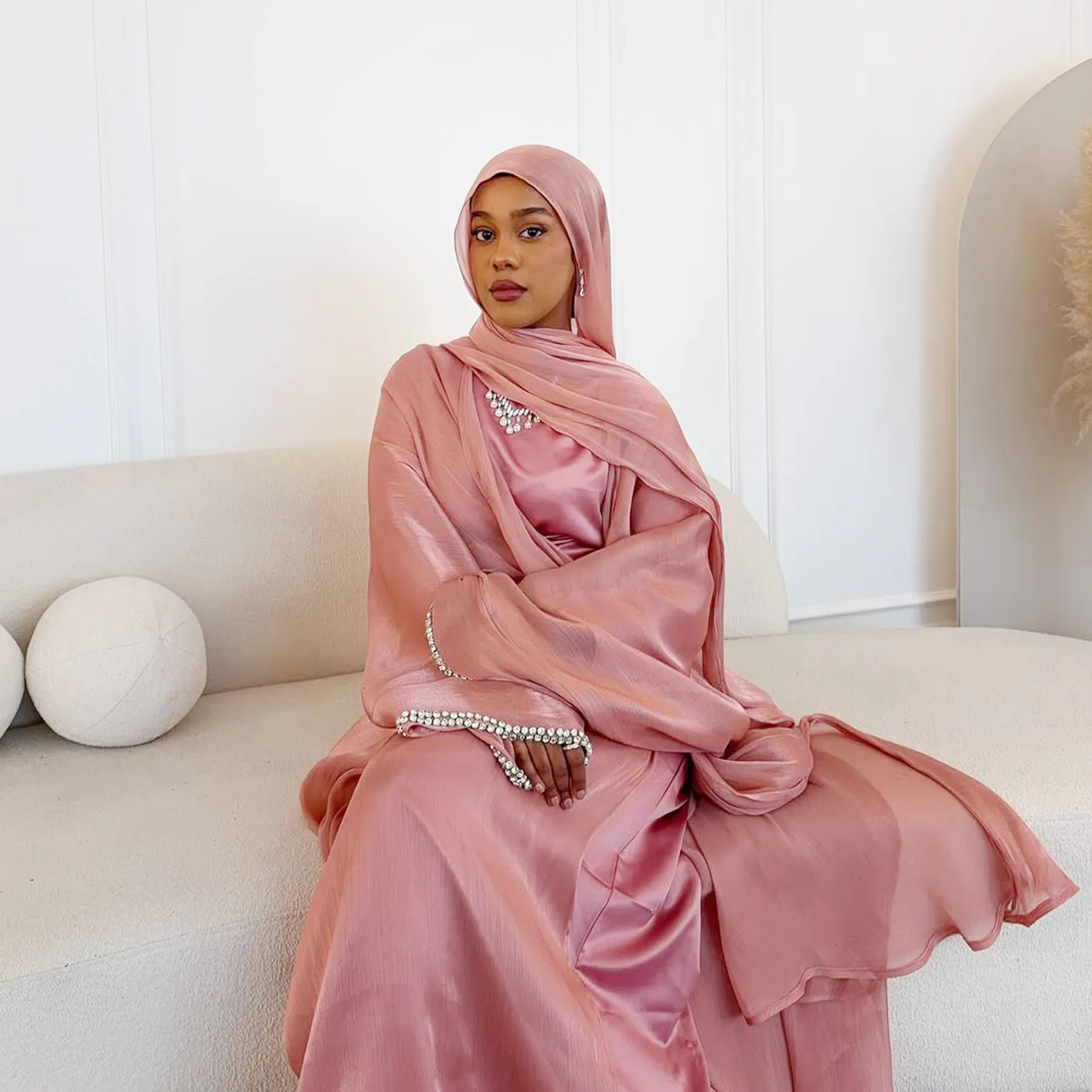 3 pièces de luxe diamants ensembles musulmans pour femmes Kimono Jalabiya Robe Maxi Hijab Robe dubaï Abaya caftan Kebaya Caftan Marocain Femme