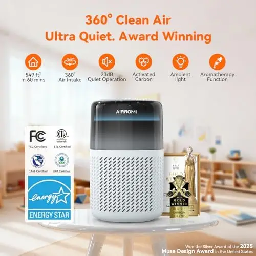 

AIRROMI HEPA Air Purifier for Home & Bedroom – Removes Pet Odor, Allergies, Smoke – Quiet 360° Air Cleaner – A2005 Blue