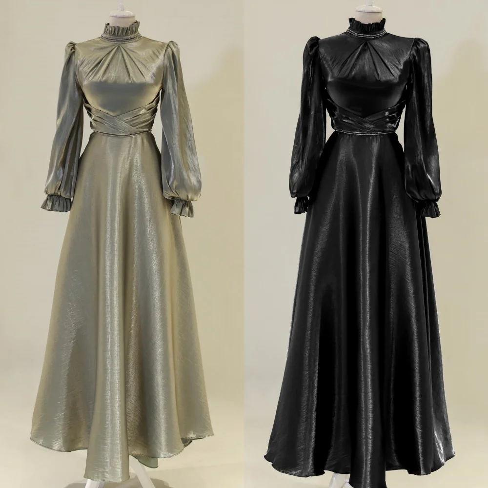 

Customized Modern Style Formal Ruched Pleat A-line High Collar Long Dresses Bespoke Occasion Dresses Sizes Available Fashion