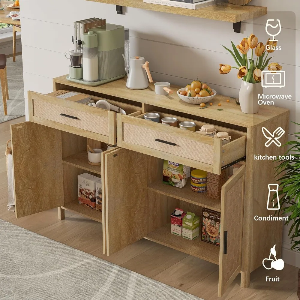 Сервант с местом для хранения, большой буфет 55 дюймов, деревянный кофейный бар, хранилище для кухни, столовой, гостиной, натуральный