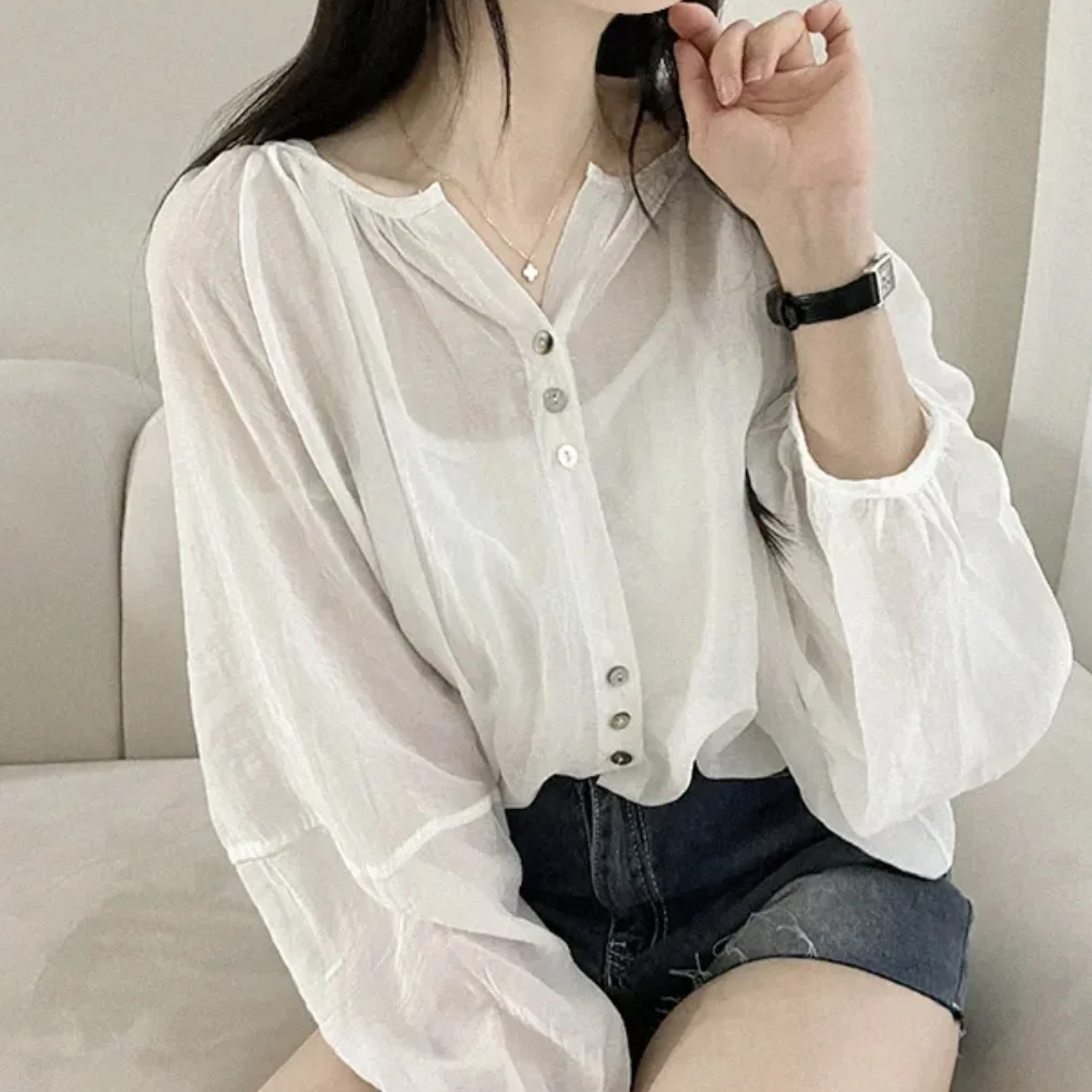 Chic Sun Protection irt Women's Summer Thin Outer Cover Loose Lantern Sve Design Sensation Fairy Upper Body Korean Sle