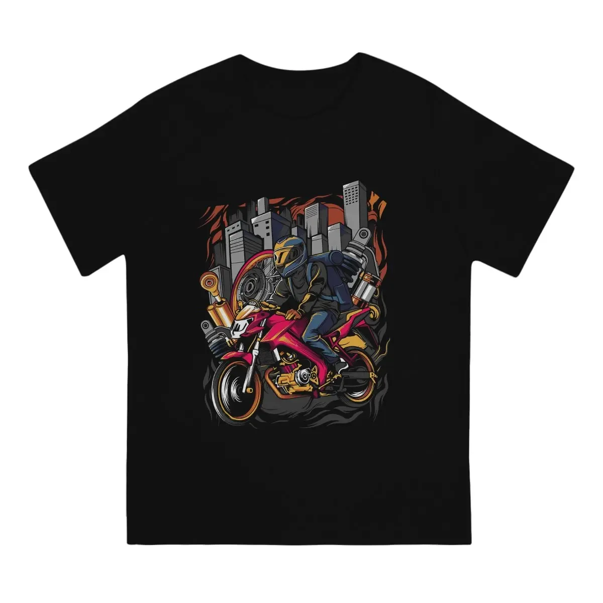 Novelty Young Man Wearing Helmet Riding Motorcycle T-Shirts Men Crew Neck Cotton T Shirt Rider Motorcycle Short Sleeve Tees