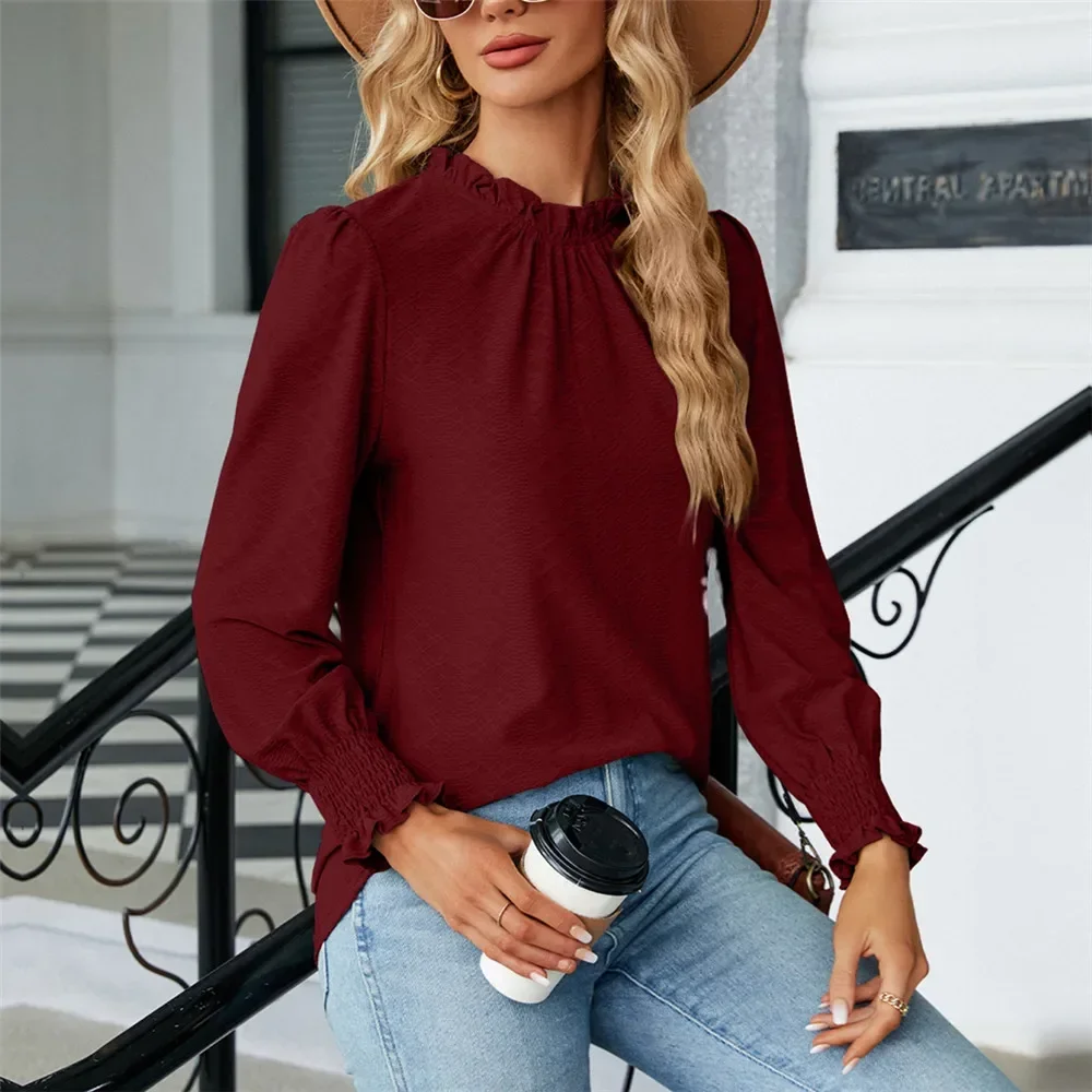 Women's Shirts and Blouses for Women Elegant Tops Long Sleeve Shirring Korean Popular Clothes Purple Woman Clothing Trend 2024