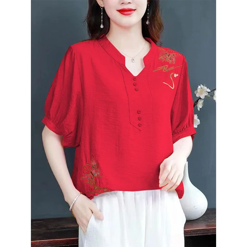 Spring Loose Casual Cotton Linen Embroidery Shirt Female Short Sleeve Vintage V-neck Pullover Top Women Fashion All-match Blouse