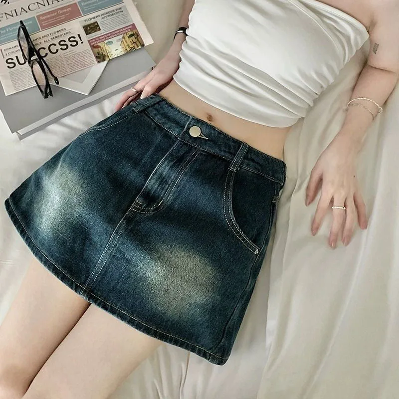 Korean Style High-Waisted Mini Skirts Women 2025 Spring Summer Vintage Blue Denim Skirt Woman New All-Match Slimming Jean Skirt