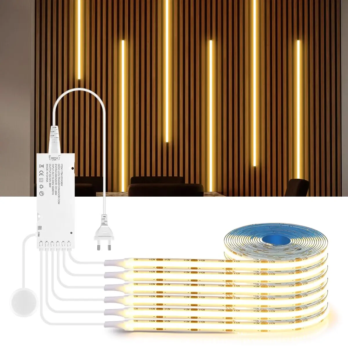 2-6PCS COB LED Strip Light Kit, With Touch Dimmable Hand Sweep Sensor Switch, 12V DC, for Cabinet & Background Wall Decoration