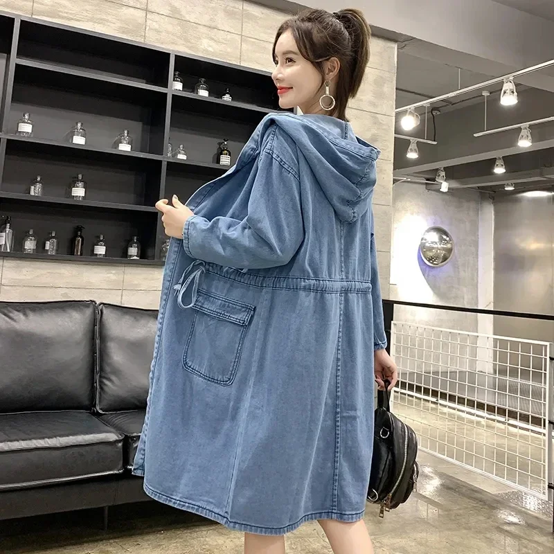 2023 New Denim Jacket Women Fashion Versatile Casual Trench Coat Female Spring Autumn Large Size Loose Hooded Jeans Windbreaker