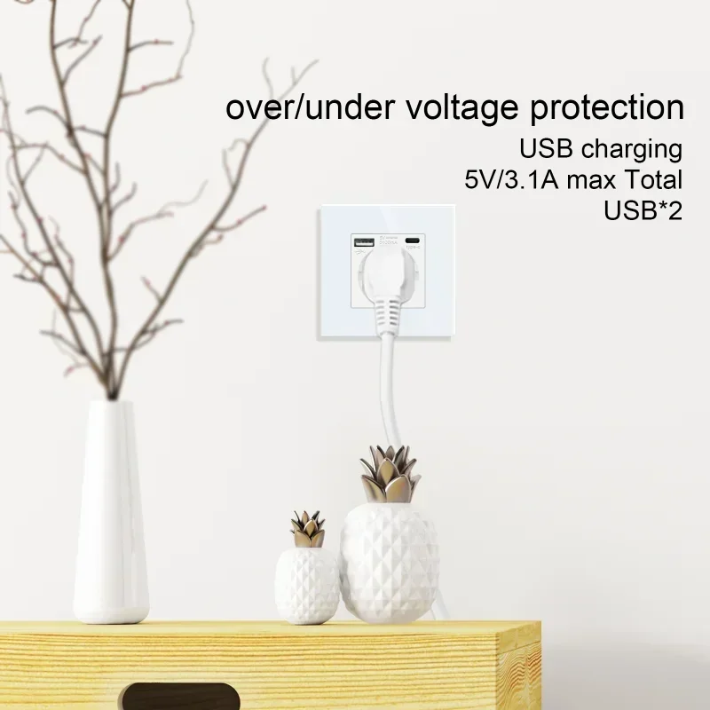Tomada de parede com USB Tipo C Interruptor e Tomada com TV Internet CAT6 interface EU Padrão branco Crystal Glass Light Switch