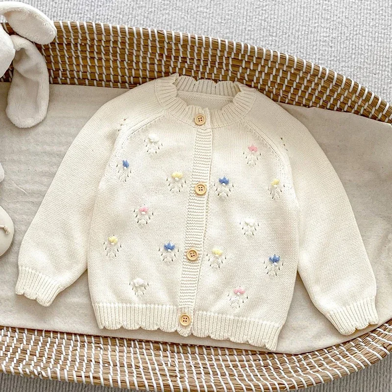 2024 New Autumn Infant Baby Girls Sweater Coat Floral Embroidery Toddler Baby Girl Knitting Cardigan Coat Children Clothes image 5