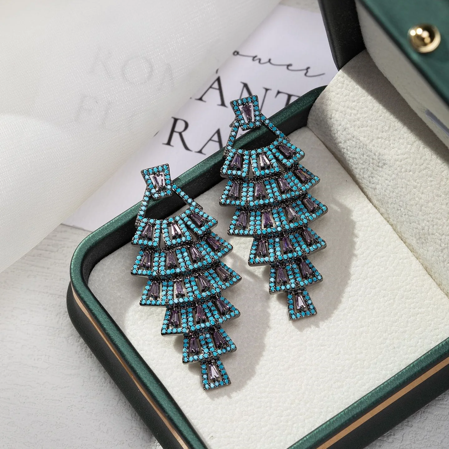 Bilincolor Fashionable 3D Zircon Blue Skirt Hem Earrings for Women