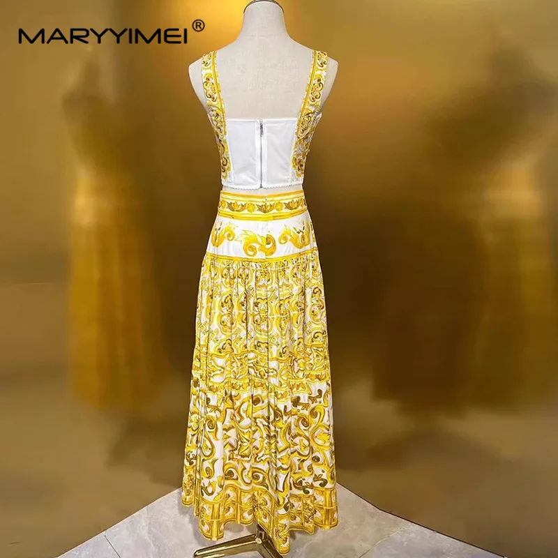 MARYYIMEI Fashion Summer Women's Suit Spaghetti Strap Backless Tops+Pleated Skirt Elegant Baroque Print Cotton Two Piece Set