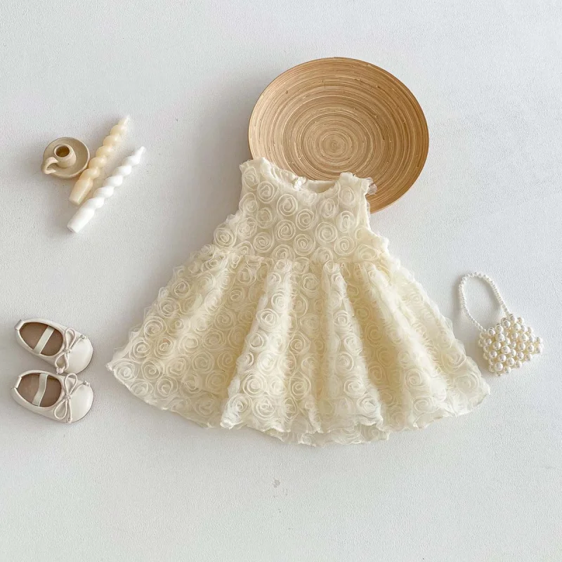 

Girls' Summer New Rose Flower Vest Dress for Infants and Toddlers, 100-Day Birthday Mesh Princess Photo Dress