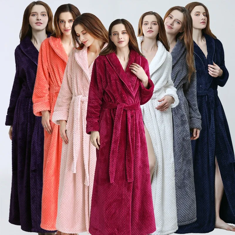 Autumn Winter Ladies Nightgown Warm Coral Velvet Long Style European American Women\'s Flannel Bathrobe Plus-down Thickening