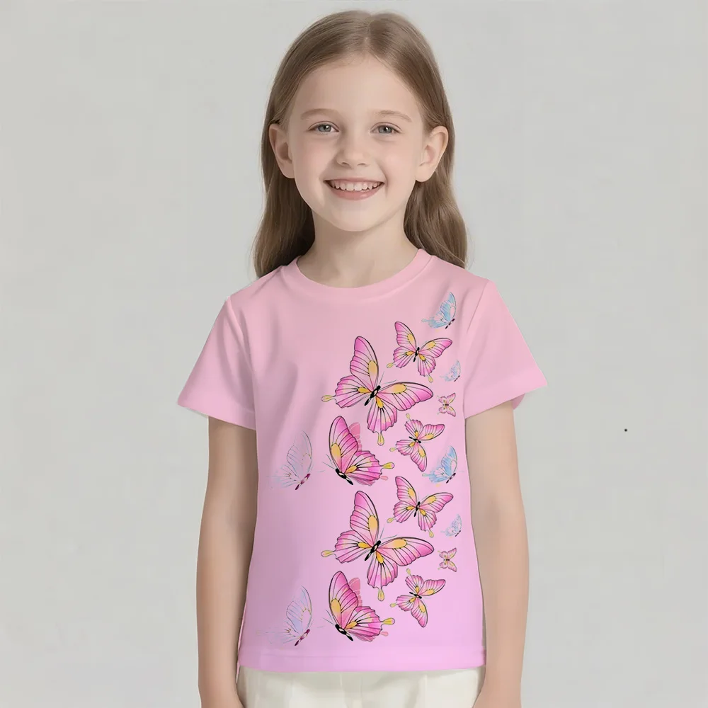 Kids T Shirt Short Sleeve Tee Gradient Butterfly Girls Clothes 5 to 6 Years Tops Tees Children's T-Shirt Round Neck Girl Blouse