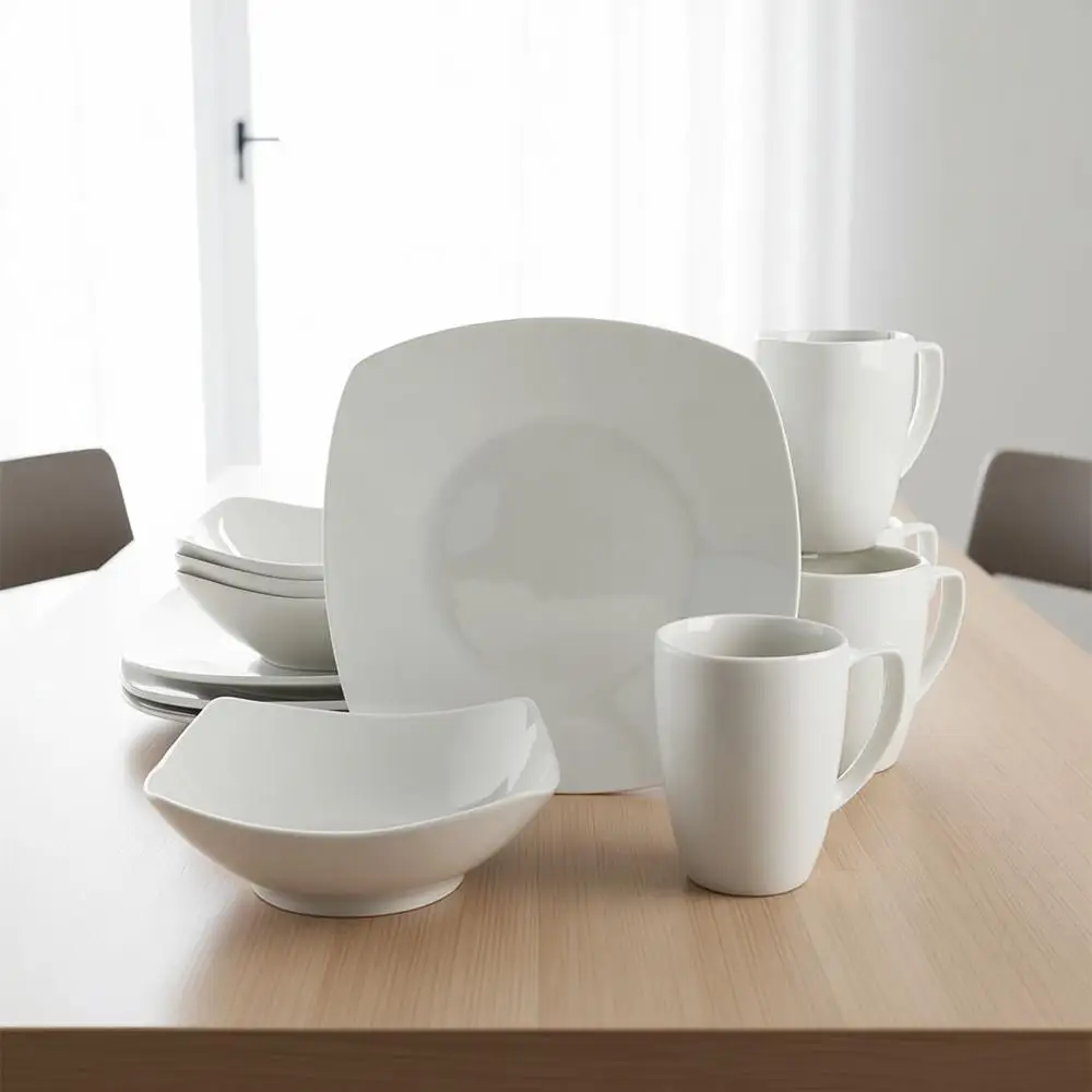 

Porcelain Chip and Scratch Resistant Dinnerware set, Service for 4 (12pcs), White (Square)