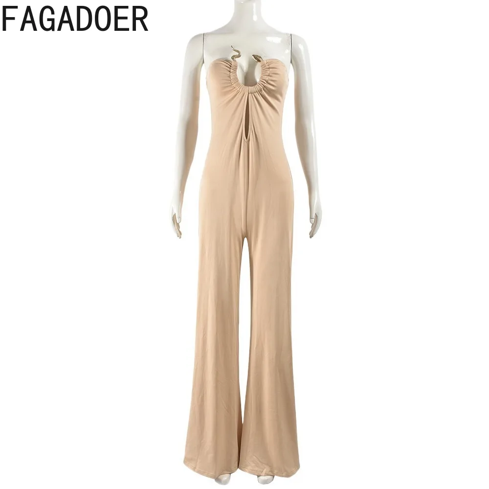 FAGADOER Apricot Elegant Lady Hollow Sleeveless Straight Jumpsuits Women Off Shoulder Backless Playsuit Female One Piece Overall