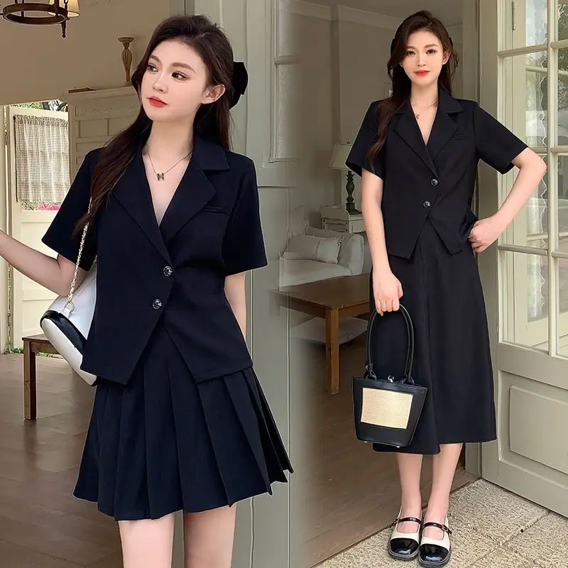 Lnsozkdg Korean Women Summer Two Piece Set Short Sleeve Jacket Top + Long Skirt Suits Vintage Ensemble Femme 2 Pieces Outfits