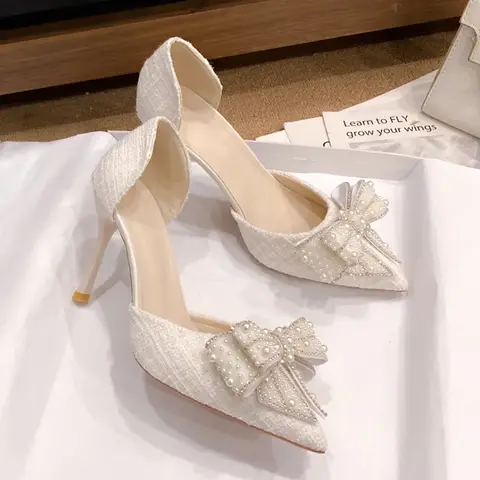 Elegant Pearl Bowknot Bride Wedding Shoes Woman Sexy Pointed Toe Stiletto High Heels Pumps Women Shiny Crystal Dress Party Shoes