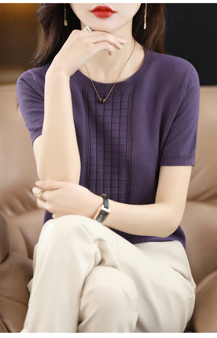 Women's T-Shirt Summer New 100% Cotton Pullover Short Sleeve Casual Solid Color Knit Crew Neck Ladies Tops Tees Blouse
