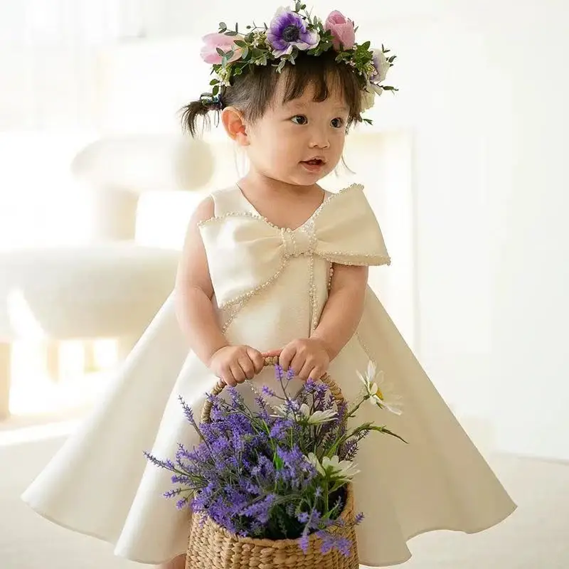Baby Girl Princess Pearl Bow Silk Dress Sleeveless Infant Toddler Vintage Vestido Party Pageant Birthday Baptism Frocks 12M-9Y
