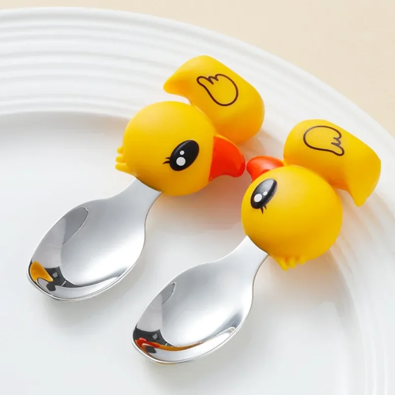 304 Stainless Steel Baby Complementary Feeding Tableware Cartoon Small Yellow Duck Portable Spoon and Fork Set Tableware