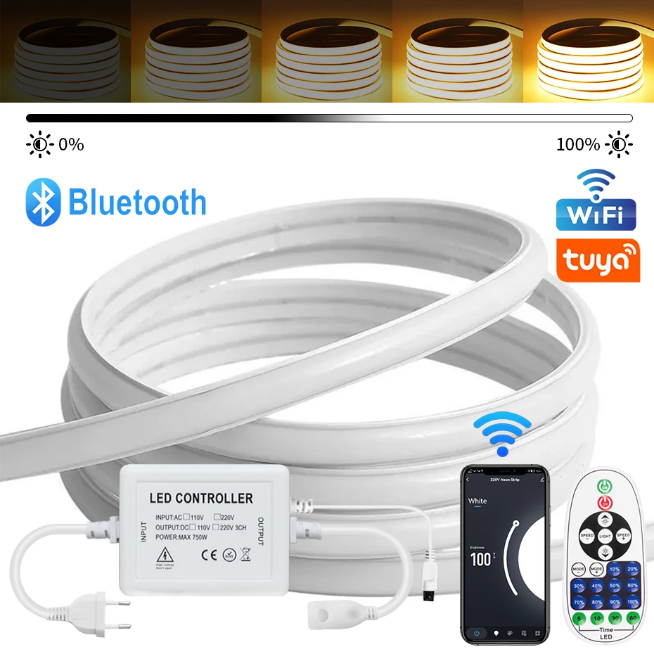 WIFI Bluetooth 220V COB LED Strip Light  Dimmable Remote Control 1m 10m 20m 50m 288LEDs/m Waterproof Flexible Lamp Neon Light