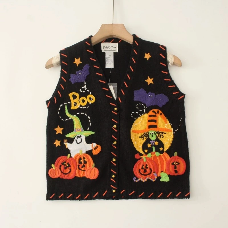 Halloween Costume Vest Knitted Family Matching Pumpkin Crocheted Lovely Waistcoat Cardigan Sweater Cute Festival Clothing Women