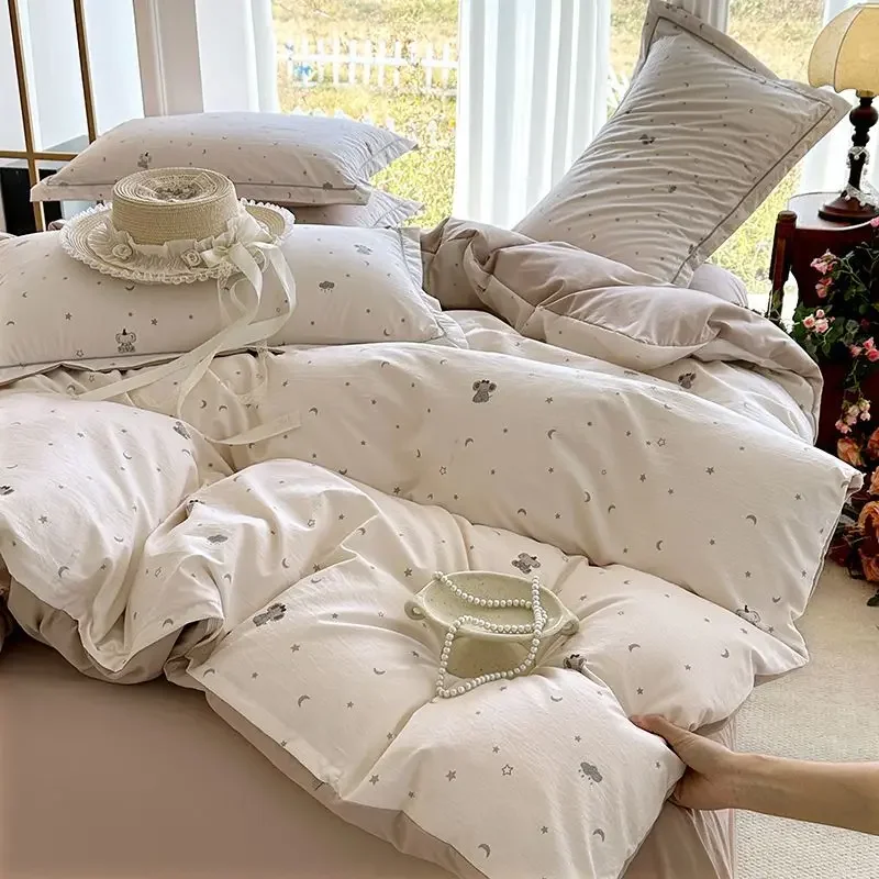 

Ins-style Class A ultra-soft double-layer yarn washed cotton 4-piece set, cute quilt cover, student dormitory single and double