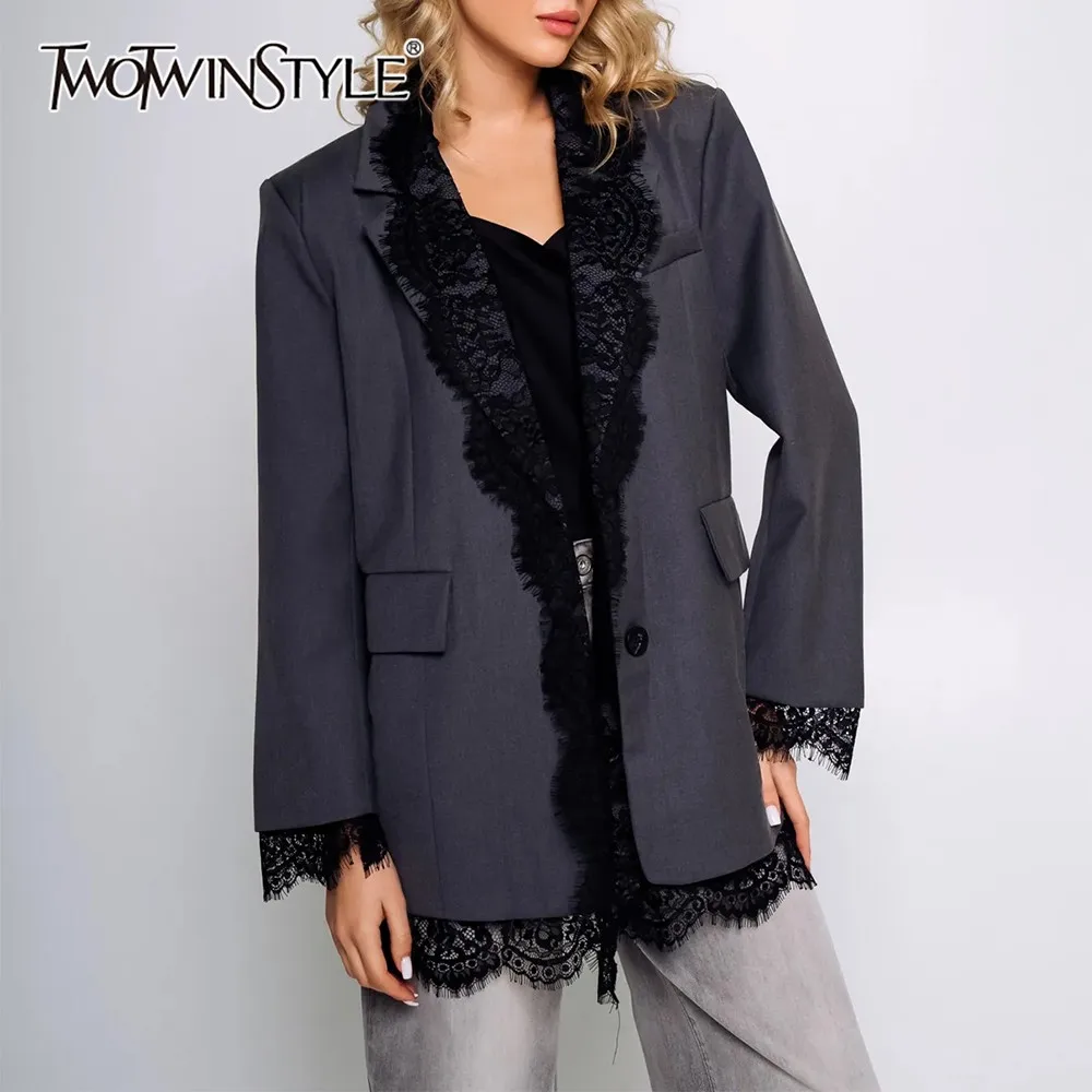 

TWOTWINSTYLE Gray Spliced Lace Office Blazer Female Lapel Long Sleeve Loose Streetwear Luxury Women's Blazers Autumn Fashion New