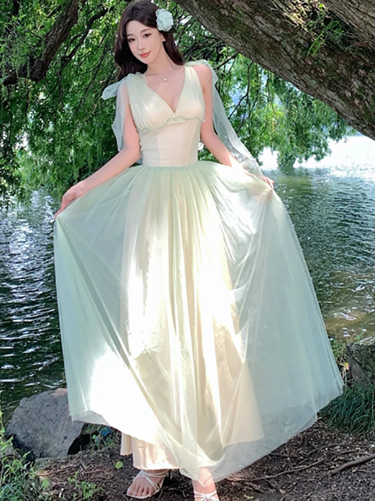 ฤดูร้อนสีเขียวตาข่ายเก๋โบว์สลิงชุดยาวผู้หญิงElegant Causal Ruffled Promเสื้อผ้า 2025 Korenaแฟชั่นBodycon Holiday Dress