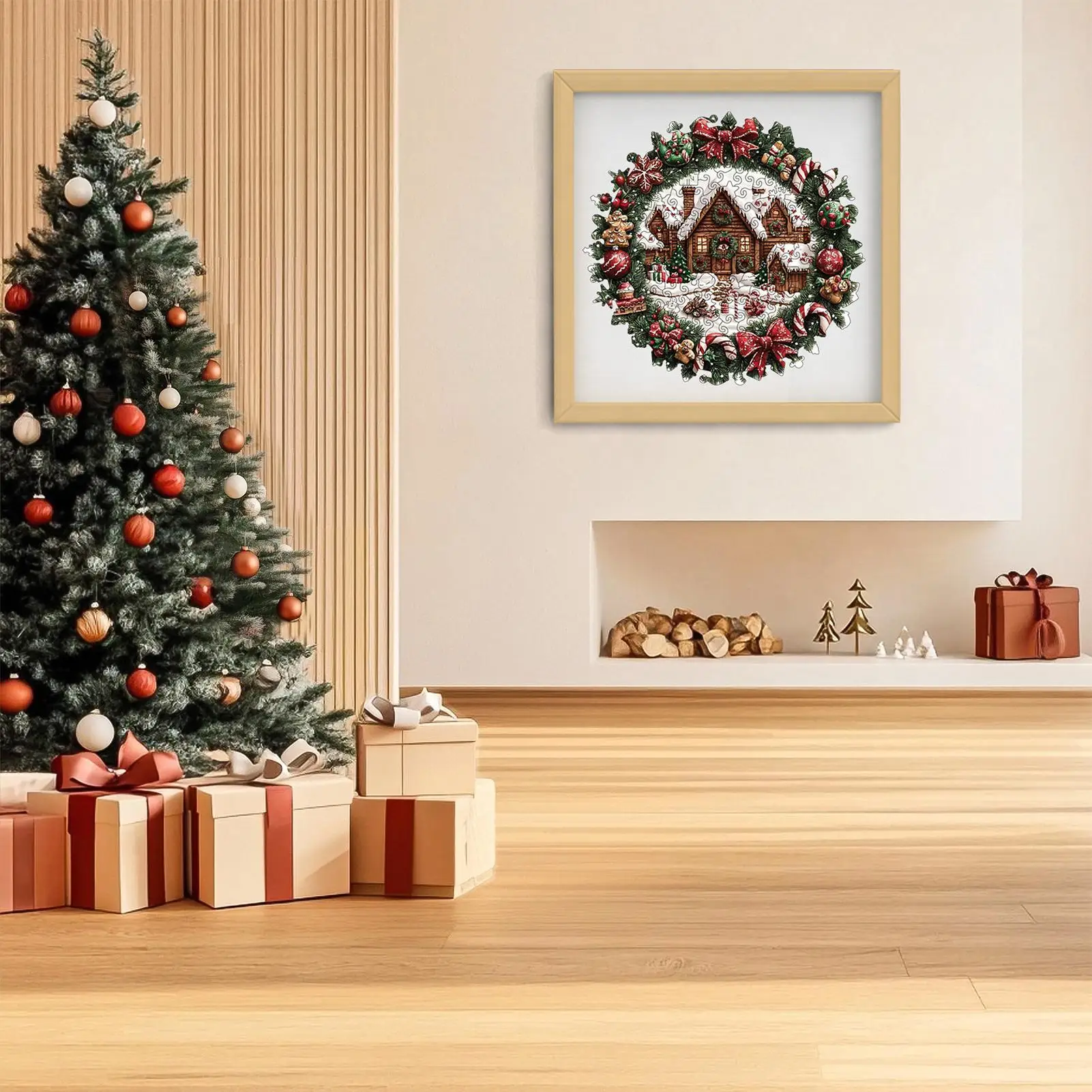 Jigsaw Puzzle Christmas-Themed Interactive Wreath Design Christmas Wooden Wreath Jigsaw Puzzle for Men Women Boys Youth Teens