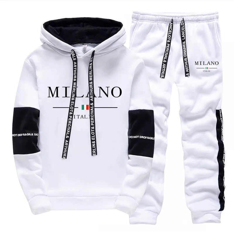 Pakaian Olahraga Pria Fashion Terbaru Kaus Bertudung Celana Jogger Setelan Jogging Olahraga Kasual Harian Pria Hoodie Cetak Italia Milan