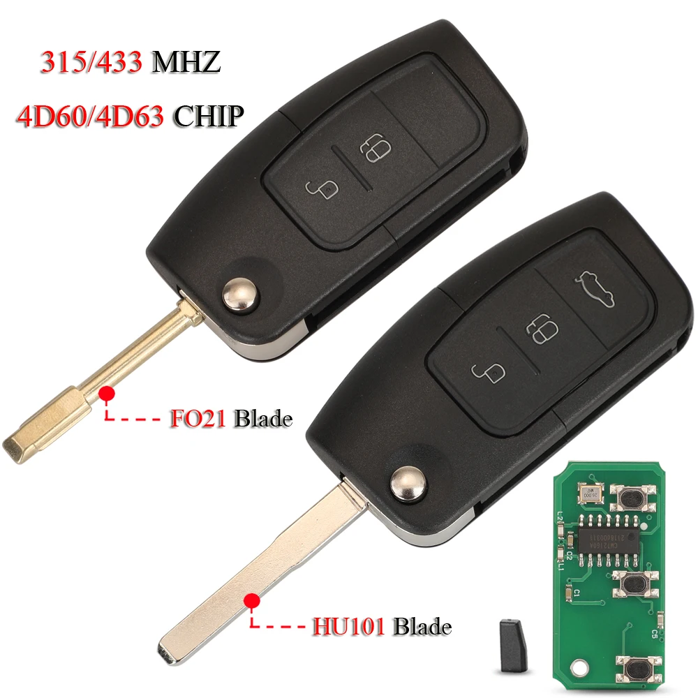 

jingyuqin 10PCS/Lot Remote Smart Car Key For Ford Fusion Focus Mondeo Fiesta Galaxy 2/3Buttons 433Mhz 4D60/4D63 Chip HU101/FO21