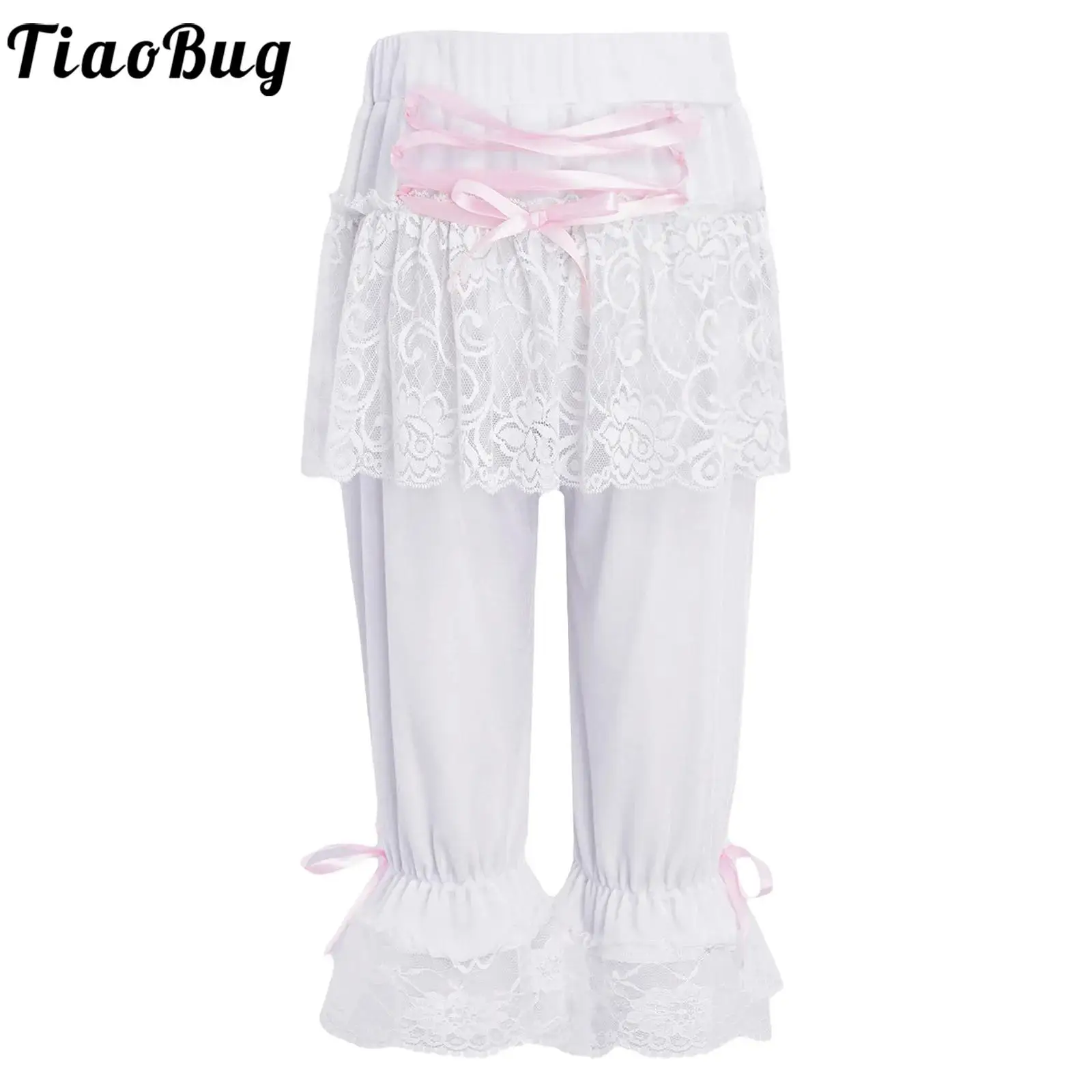 Kids Girls Steampunk Victorian Lolita Pantaloons Elastic Waistband Floral Lace Ruffle Bloomers Renaissance Vintage Shorts Pants