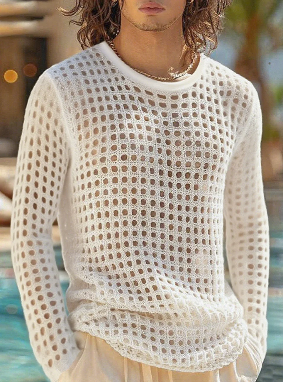 Men's Simple Sexy Mesh Tops Spring/Summer American Casual Fashion Round Neck Hollow Out Knitted Long Sleeve T-shirt