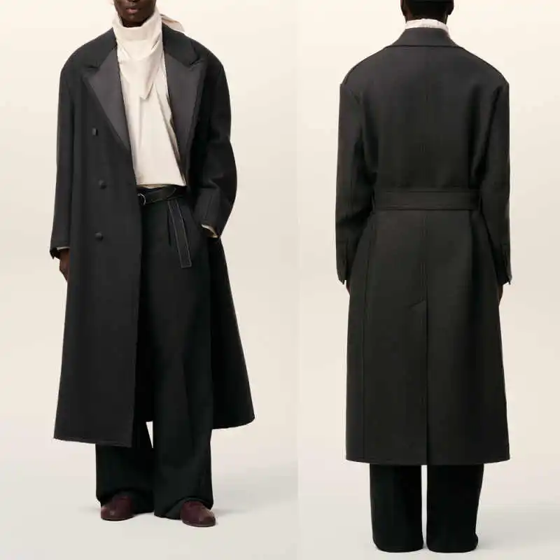 

Autumn Winter Men's Woolen Coat Medium Length Double Breasted With Belt Suit Outdoor Occasion Warm Party Customized