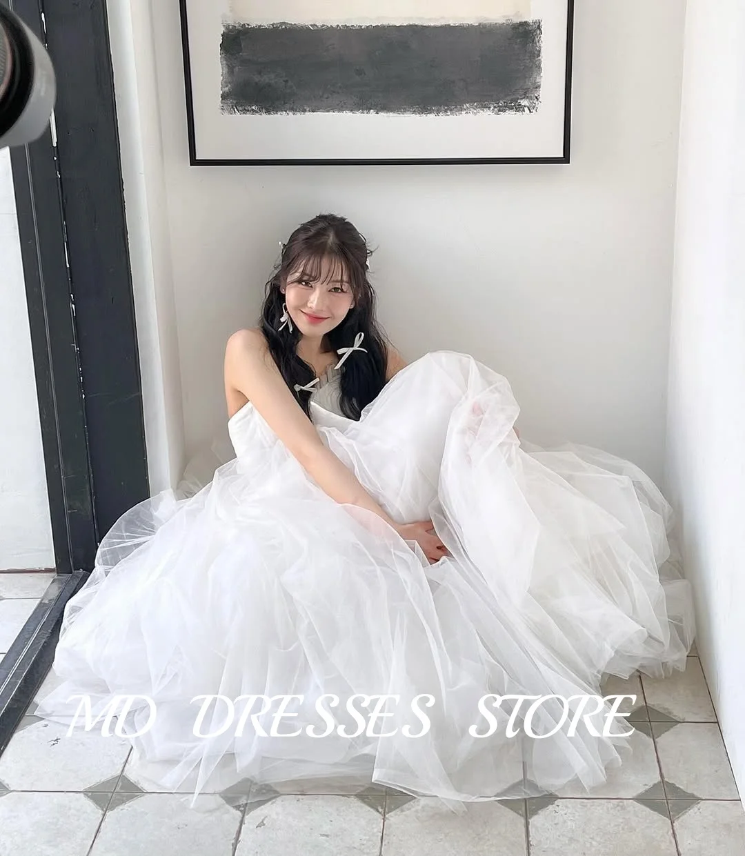 MD Princess Strapless Wedding Dress Pleat Korea Photoshoot Floor-Length Bow Belt Corset Garden Customized Bride Gowns 2025