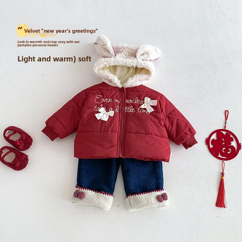 

Girls' Butterfly Bow New Year's Wear 2025 New Winter Baby Chinese Style Embroidered Hooded Cotton Coat Children's Cotton Coat