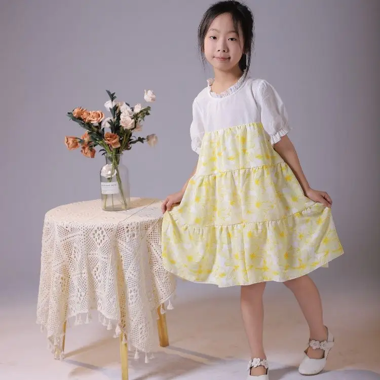 2024 Summer Dress Sweet Thin Short Sleeved Princess Dress Yellow Flower Dress Flower Girl Sweet Gentle Designable Dresses