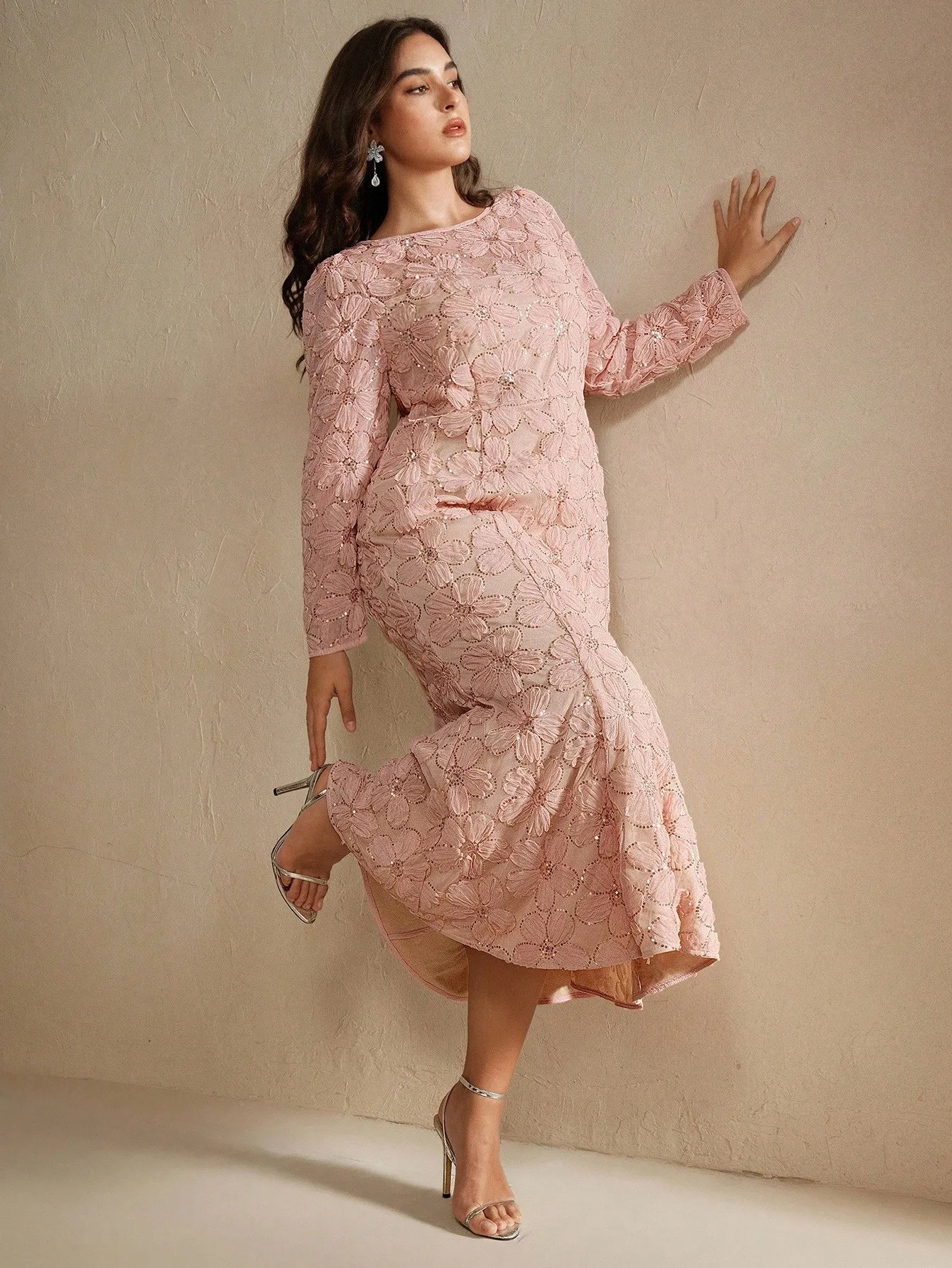 

Plus Size Fitted Lace Beaded Floral Dress in Pink for Spring Summer