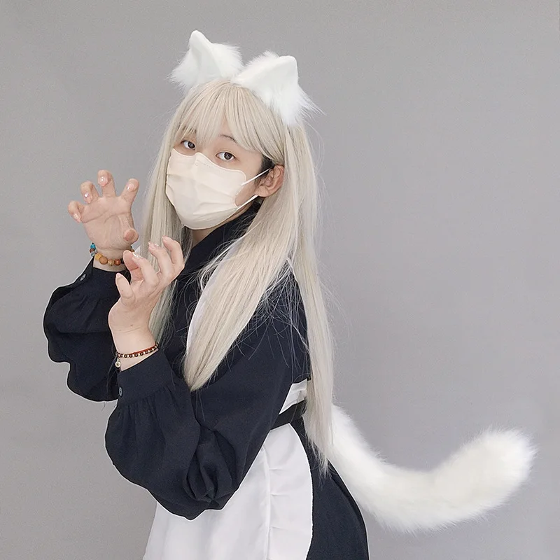 New 2Pcs/set Furry Beast Ears Headwear Fluffy Animal Fox Tail Halloween Party Cosplay Accessories Handmade Lolita Anime Costumes