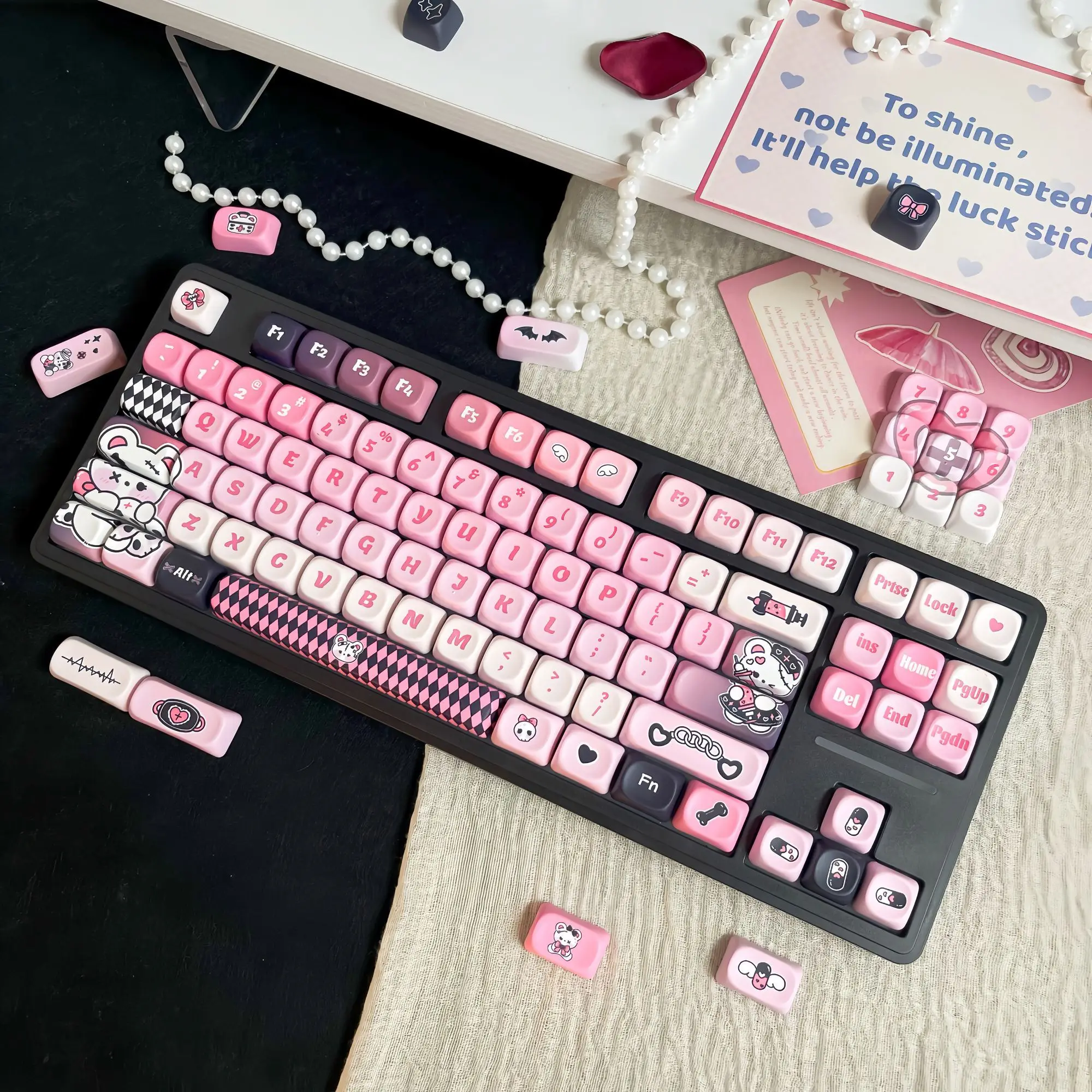 MAIMOOO Black Pink Bear Keycaps Cherry Profile Sweet and Cool Mechanical Keyboard Caps PBT Custom MOA Round Cute Keycap Gifts
