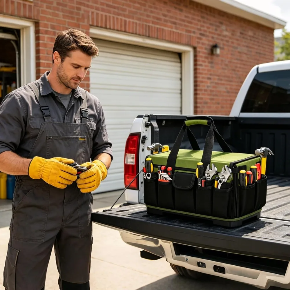 Heavy Duty Tool Bag Large Capacity Waterproof for Electrician Carpenter Plumber, Professional Multi-Pocket Handheld Tool Tote
