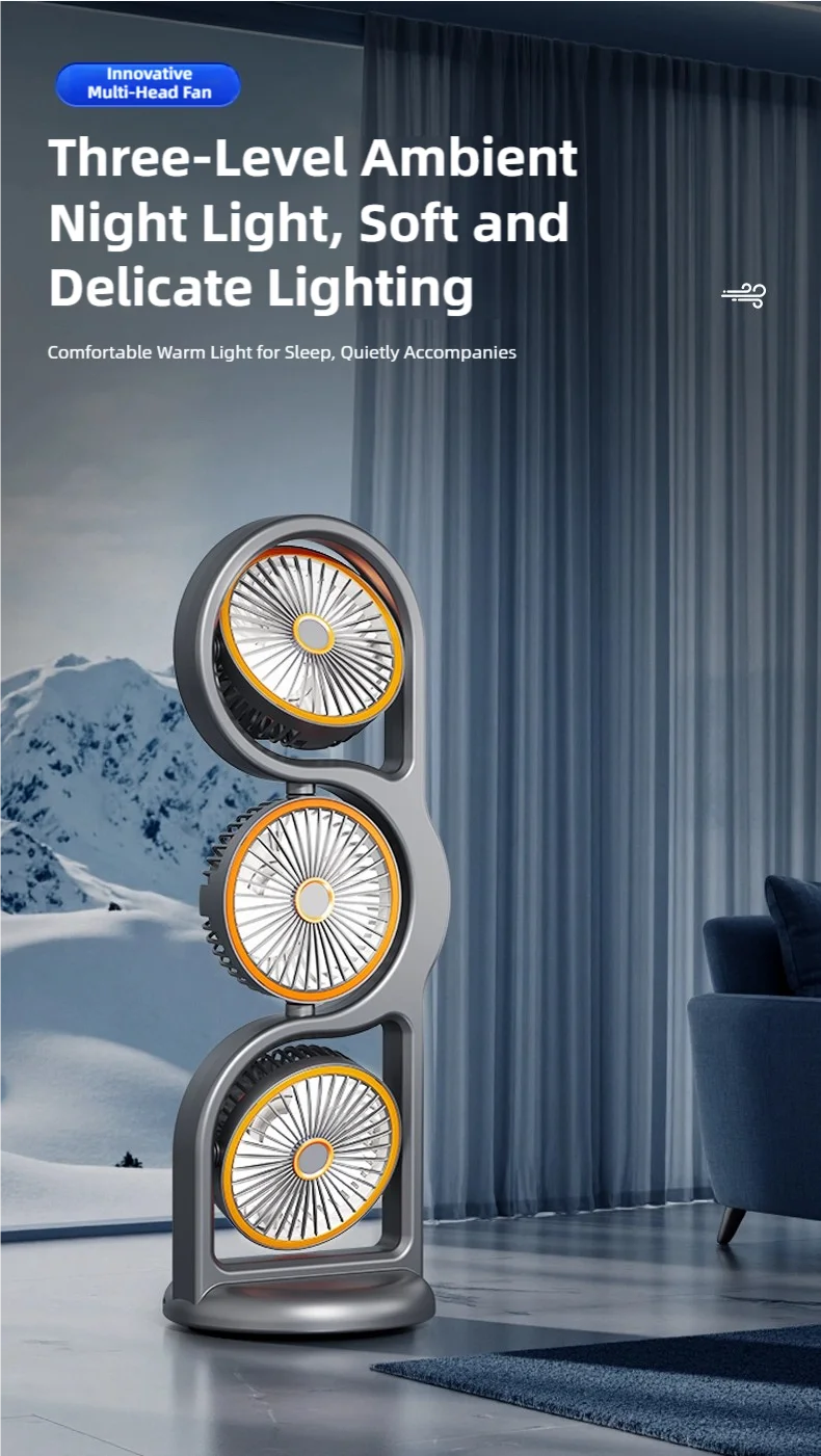 TINSOL 2026 New Portable USB Rechargeable Three-Head Fan – 360° Circulation, 5-Speed Wind, Dormitory and Outdoor Desktop Fan